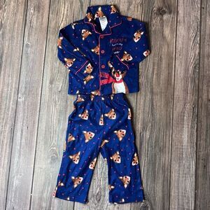 RUDOLPH Christmas Deer Pajamas Button Up Long Pant Polyester Navy Boys 2T